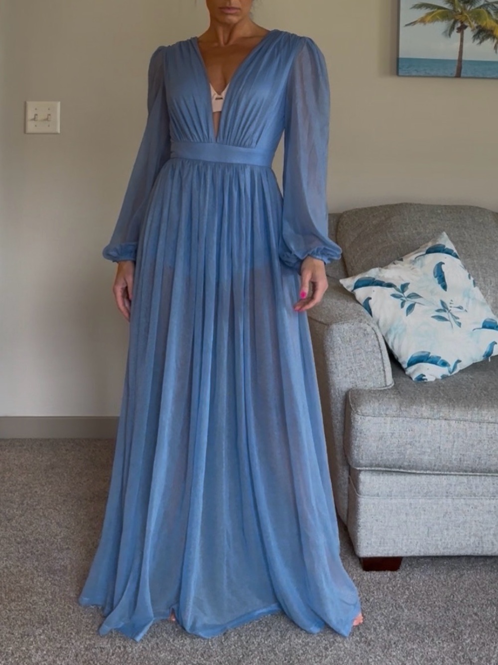Elegant Blue Long Sleeve V-Neck Maxi Dress/Romper